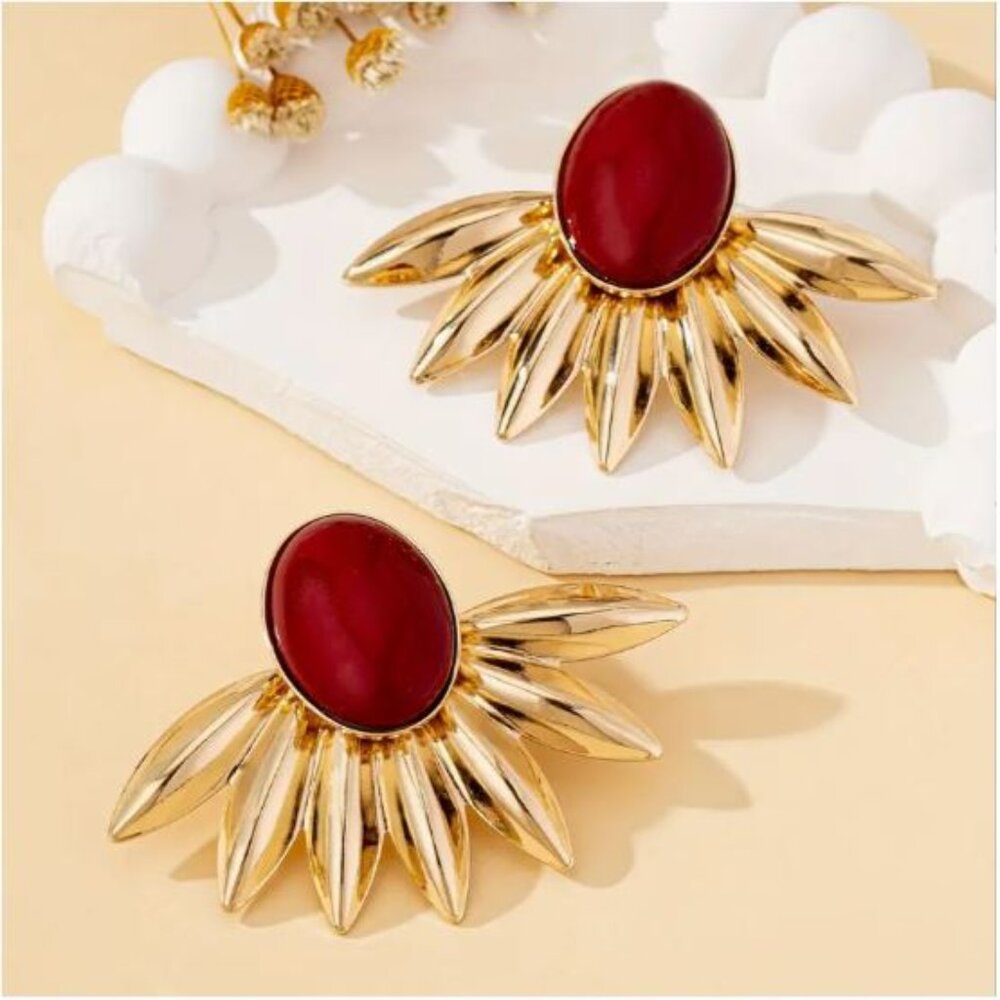 NEW Martina Retro Maroon Red and Gold Sunburst Statement Earrings - Picture 3 of 3